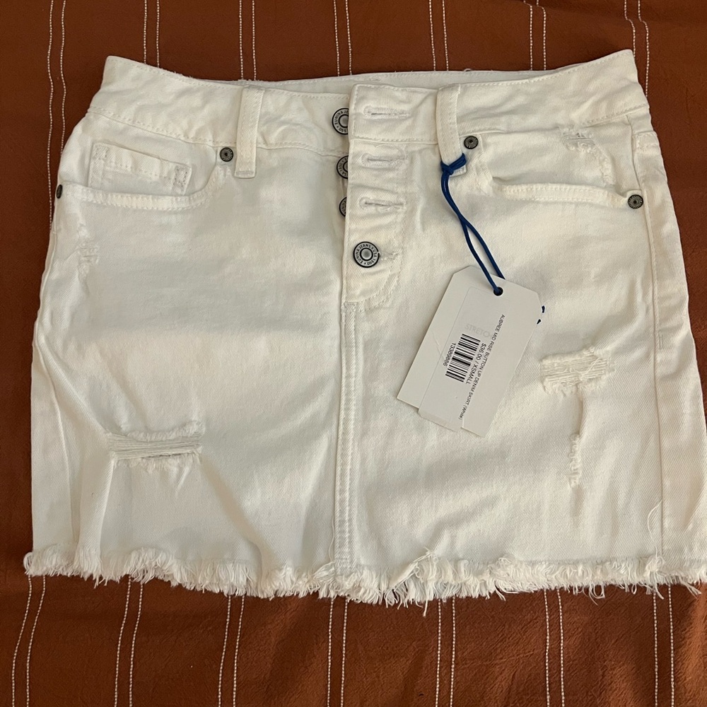 White Denim Button Closure Mini Skirt
